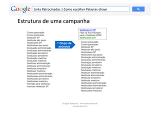 Links	
  Patrocinados	
  |	
  Como	
  escolher	
  Palavras-­‐chave	
  


Estrutura	
  de	
  uma	
  campanha	
  




                                  Google	
  Adwords	
  -­‐	
  Fernando	
  Kanarski	
  
                                                                                         40	
  
                                              (novembro/12)	
  
 