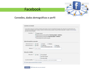 Facebook
Conexões, dados demográficos e perfil
 