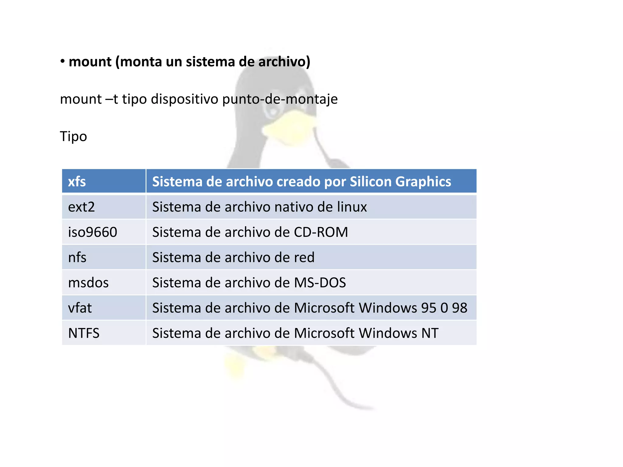 • mount (monta un sistema de archivo)
mount –t tipo dispositivo punto-de-montaje
Tipo
xfs Sistema de archivo creado por Silicon Graphics
ext2 Sistema de archivo nativo de linux
iso9660 Sistema de archivo de CD-ROM
nfs Sistema de archivo de red
msdos Sistema de archivo de MS-DOS
vfat Sistema de archivo de Microsoft Windows 95 0 98
NTFS Sistema de archivo de Microsoft Windows NT
 