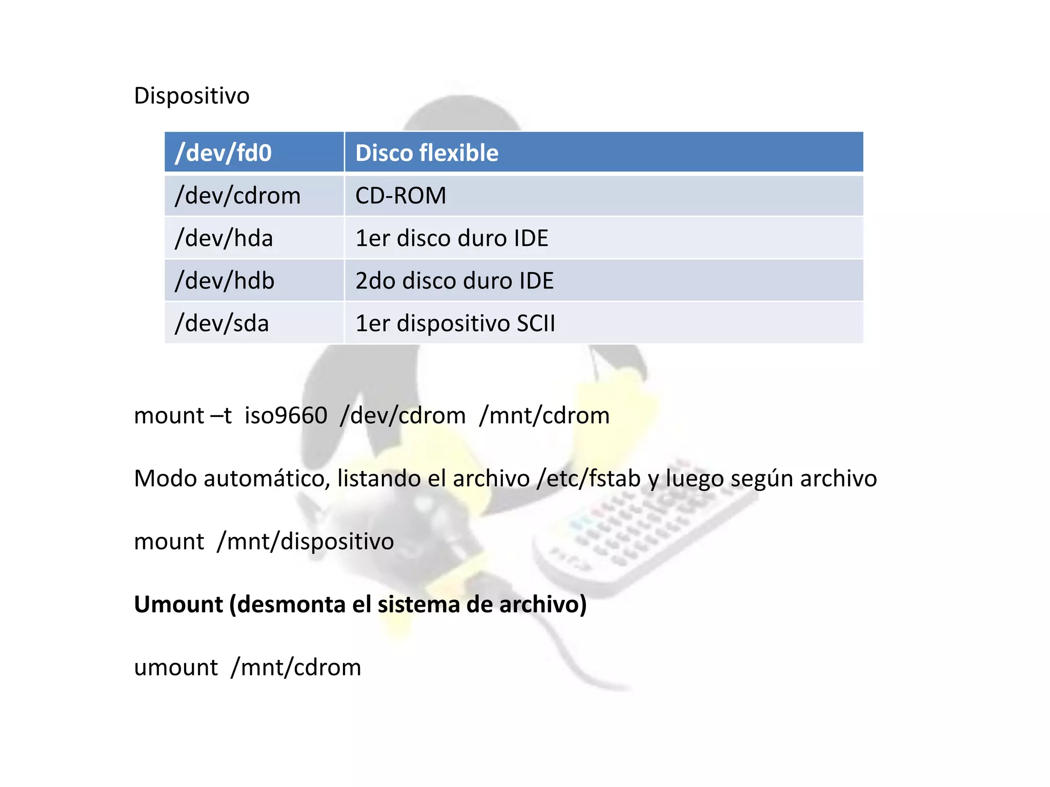 Dispositivo
/dev/fd0 Disco flexible
/dev/cdrom CD-ROM
/dev/hda 1er disco duro IDE
/dev/hdb 2do disco duro IDE
/dev/sda 1er dispositivo SCII
mount –t iso9660 /dev/cdrom /mnt/cdrom
Modo automático, listando el archivo /etc/fstab y luego según archivo
mount /mnt/dispositivo
Umount (desmonta el sistema de archivo)
umount /mnt/cdrom
 