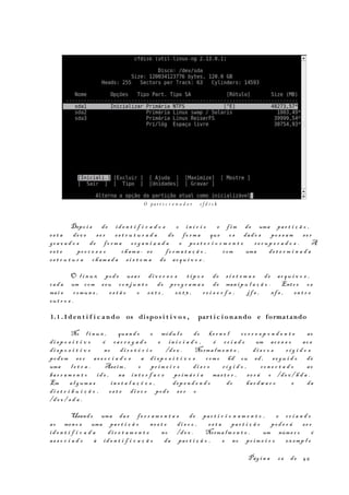 Depo i s de id e n t i f i c a d o s o in í c i o e f im de uma par t i ç ã o ,
es t a dev e s e r es t r u t u r a d a de fo r m a que os dad o s po s s a m se r
gr a v a d o s de fo r m a or g a n i z a d a e po s t e r i o r m e n t e r e c u p e r a d o s . A
es t e pr o c e s s o cham a - se fo r m a t a ç ã o , com uma de t e r m i n a d a
es t r u t u r a cham a d a s i s t e m a de ar q u i v o s .
O l i n u x pod e usa r di v e r s o s t i p o s de s i s t e m a s de ar q u i v o s ,
cad a um com s eu co n j u n t o de pr o g r a m a s de man i p u l a ç ã o . Entr e os
mai s comun s , es t ã o o ex t 2 , ex t 3 , r e i s e r f s , j f s , xf s , en t r e
ou t r o s .
3.1 . I d en t i f i c a ndo os dispos i t i v o s , part i c i onando e formatando
No l i n u x , quan d o o módu l o do ke r n e l co r r e s p o n d e n t e ao
di s p o s i t i v o é ca r r e g a d o e in i c i a d o , é cr i a d o um ac e s s o ao s
di s p o s i t i v o no di r e t ó r i o /d e v . Norma lm e n t e , di s c o s r í g i d o s
pod em se r as s o c i a d o s a di s p o s i t i v o s com o hd ou sd , s e g u i d o de
uma l e t r a . Ass im , o pr i m e i r o di s c o r í g i d o , co n e c t a d o ao
ba r r a m e n t o id e , na in t e r f a c e pr im á r i a mas t e r , s e r á o /de v / h d a .
Em al g um a s in s t a l a ç õ e s , dep e n d e n d o do ha r d w a r e e da
di s t r i b u i ç ã o , es t e di s c o pod e s e r o
/d e v / s d a .
Usando uma da s fe r r a m e n t a s de par t i c i o n a m e n t o , e cr i a n d o
ao men o s uma par t i ç ã o ne s t e di s c o , es t a par t i ç ã o pod e r á se r
id e n t i f i c a d a di r e t a m e n t e no /d e v . Norma l m e n t e , um núme r o é
as s o c i a d o à id e n t i f i c a ç ã o da par t i ç ã o , e no pr i m e i r o ex emp l o
Pág i n a 26 de 45
O pa r t i c i o n a d o r c f d i s k
 