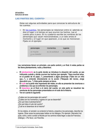 156
SITUACIÓN 4
Estructura del texto
LAS PARTES DEL CUENTO34
Estas son algunas actividades para que conozcas la estructura de
los cuentos.
 En los cuentos, los personajes se relacionan entre sí; además se
dice el lugar y el tiempo en que ocurren los hechos. Lee el
cuento poco a poco. En tu cuaderno escribe los nombres de los
personajes que vayan mencionándose; a un lado anota el
momento y el lugar en que aparecen, si es que se mencionan.
Fíjate en el ejemplo:
Las narraciones tienen un principio, una parte central y un final. A estas partes se
les llama planteamiento, nudo y desenlace.
 El planteamiento es la parte donde se introduce la situación del cuento, ya sea
indicando cuándo y dónde ocurren los hechos (por ejemplo: "Hace muchos años,
en el pueblo de mi papá..."), presentando a algún personaje ("Galo era un niño
que...”), o entrando directamente en la acción ("Después del recreo, Jorge
descubrió una..."). Esta parte siempre es breve.
 El nudo es la parte más importante del relato; en ella se presentan las aventuras o
problemas a los que se enfrentan los personajes.
 El desenlace es el final o el cierre del cuento: en esta parte se resuelven las
aventuras de los personajes presentados en el nudo de la historia.
 Ten en cuenta lo siguiente:
¿Cuáles son los personajes del cuento?
¿Cuáles son los momentos y lugares en que se desarrolla?
¿De qué trata el planteamiento?
¿De qué trata el nudo del cuento?
¿Cuál es el desenlace de la historia?
En los relatos, el narrador va contando la historia, presenta a los personajes, describe los
lugares. Otras veces los personajes hablan en los diálogos. Por ejemplo: (Narrador) Así
pues, echó y echó a andar la Muerte por los caminos hasta llegar a casa de Francisca.
(Diálogo) —Por favor, con Panchita.
34 Libro de Español Actividades. Sexto Grado.
 