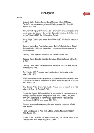 239Bibliografía
Libros
Alvarado, Maite, Gustavo Bombini, Daniel Feldman, Istvan. El Nuevo
Escriturón, curiosas y extravagantes actividades para escribir. Libros del
Rincón. SEP. 1994.
Björk, Lennart, Ingegerd Blomstrand. La escritura en la enseñanza secundaria.
Los procesos del pensar y del escribir. Colección biblioteca de textos. Serie
lengua Editorial. GRAO. 1ra Ed. Barcelona, España.
Bucay, Jorge. Cuentos para pensar. Editorial OCEANO. 2da Edición. México, D.
F. 2007.
Burgara, Martha Elsa, Fidencia Gpe. Luna y Bertha A. Galindo, Curso Estatal
de Actualización 2003-2004 “La escritura y yo: reconocimiento y desarrollo de
estrategias, SEP.
Cassany, Daniel. Construir la escritura. Ed. Paidós. España. 2004.
Cassany, Daniel. Describir el escribir. Barcelona. Ediciones Paidós Ibérica, S.
A. 2005.
Cassany, Daniel. La cocina de la escritura. Barcelona. Ediciones ANAGRAMA.
8VA EDICIÓN, 1995.
Curso Básico 2009. El enfoque por competencias en la educación básica.
México, D.F.. SEP.
DGFC. Marco para el diseño y desarrollo de Programas de Formación Continua
y Superación Profesional para Maestros de Educación Básica en Servicio 2011-
2012. SEP. 2010.
Díaz Barriga, Frida. Enseñanza situada: Vínculo entre la escuela y la vida.
México: McGraw Hill. Capítulo 5. 2005.
Dubois, Ma. Eugenia “El factor olvidado de la formación de los maestros” en la
Antología del Curso Estatal “Leer y escribir en el aula”… UPE900002, ciclo
2000-2001. Tomado de “la escritura y yo: reconocimiento y desarrollo de
estrategias” SIN130305 curso estatal 2003-2004.
Espinoza, Amparo y Ethel Kolteniuk Secretos, leyendas y susurros. DEMAC.
2006. México.
Frank, Ana. El Diario de Ana Frank. Editorial Grijalbo. Novena reimpresión
2008. México D.F.
Graves, D. H. Estructurar un aula donde se lea y se escriba. Isabel Stratta
(Trad.) Buenos Aires: Aique Grupo Editor, 1992.
 