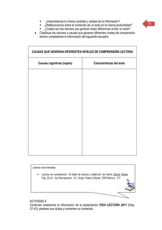 34
 ¿Interpretamos la misma cantidad y calidad de la información?
 ¿Reflexionamos sobre el contenido de un texto en la misma profundidad?
 ¿Cuáles son las razones que generan estas diferencias al leer un texto?
 Clasifique las razones o causas que generan diferentes niveles de comprensión
lectora completando la información del siguiente recuadro;
CAUSAS QUE GENERAN DIFERENTES NIVELES DE COMPRENSIÓN LECTORA
Causas cognitivas (sujeto) Características del texto
ACTIVIDAD 4
Continúen analizando la información de la presentación PISA LECTURA 2011 (Diap.
27-43); planteen sus dudas y comenten su contenido.
 