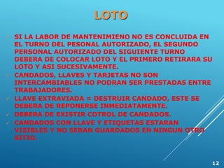 LOTO
 SI LA LABOR DE MANTENIMIENO NO ES CONCLUIDA EN
EL TURNO DEL PESONAL AUTORIZADO, EL SEGUNDO
PERSONAL AUTORIZADO DEL SIGUIENTE TURNO
DEBERA DE COLOCAR LOTO Y EL PRIMERO RETIRARA SU
LOTO Y ASI SUCESIVAMENTE.
 CANDADOS, LLAVES Y TARJETAS NO SON
INTERCAMBIABLES NO PODRAN SER PRESTADAS ENTRE
TRABAJADORES.
 LLAVE EXTRAVIADA = DESTRUIR CANDADO, ESTE SE
DEBERA DE REPONERSE INMEDIATAMENTE.
 DEBERA DE EXISTIR COTROL DE CANDADOS.
 CANDADOS CON LLAVE Y ETIQUETAS ESTARAN
VISIBLES Y NO SERAN GUARDADOS EN NINGUN OTRO
SITIO.
12
 