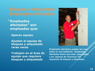 Bloqueo y etiquetado
Empleados afectados
“Empleados
afectados” son
empleados que:
◦ Operan equipo
◦ Ajustan el equipo de
bloqueo y etiquetado
raras veces
◦ Trabajan en el área de
equipo que requiere
bloqueo y etiquetado
Empleados afectados pueden ser casi
todos en una istalación. Empleados
afectados tienen que estar capacitados
y ser capaces de reconocer los
requisitos de bloqueo y etiquetado.
15
 