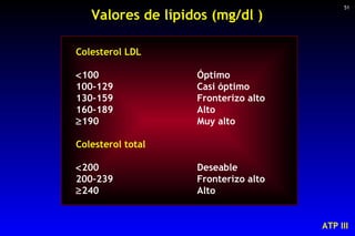 Valores de lípidos (mg/dl )  Colesterol LDL  100  Óptimo  100-129  Casi óptimo 130-159  Fronterizo alto  160-189  Alto  ...