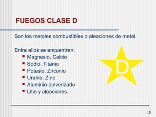 15
FUEGOS CLASE D
Son los metales combustibles o aleaciones de metal.
Entre ellos se encuentran:
 Magnesio, Calcio
 Sodio, Titanio
 Potasio, Zirconio
 Uranio, Zinc
 Aluminio pulverizado
 Litio y aleaciones
 