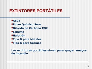 17
Agua
Polvo Químico Seco
Dióxido de Carbono CO2
Espuma
Halotrón
Tipo D para Metales
Tipo K para Cocinas
Los extintores portátiles sirven para apagar amagos
de incendio
EXTINTORES PORTÁTILES
 