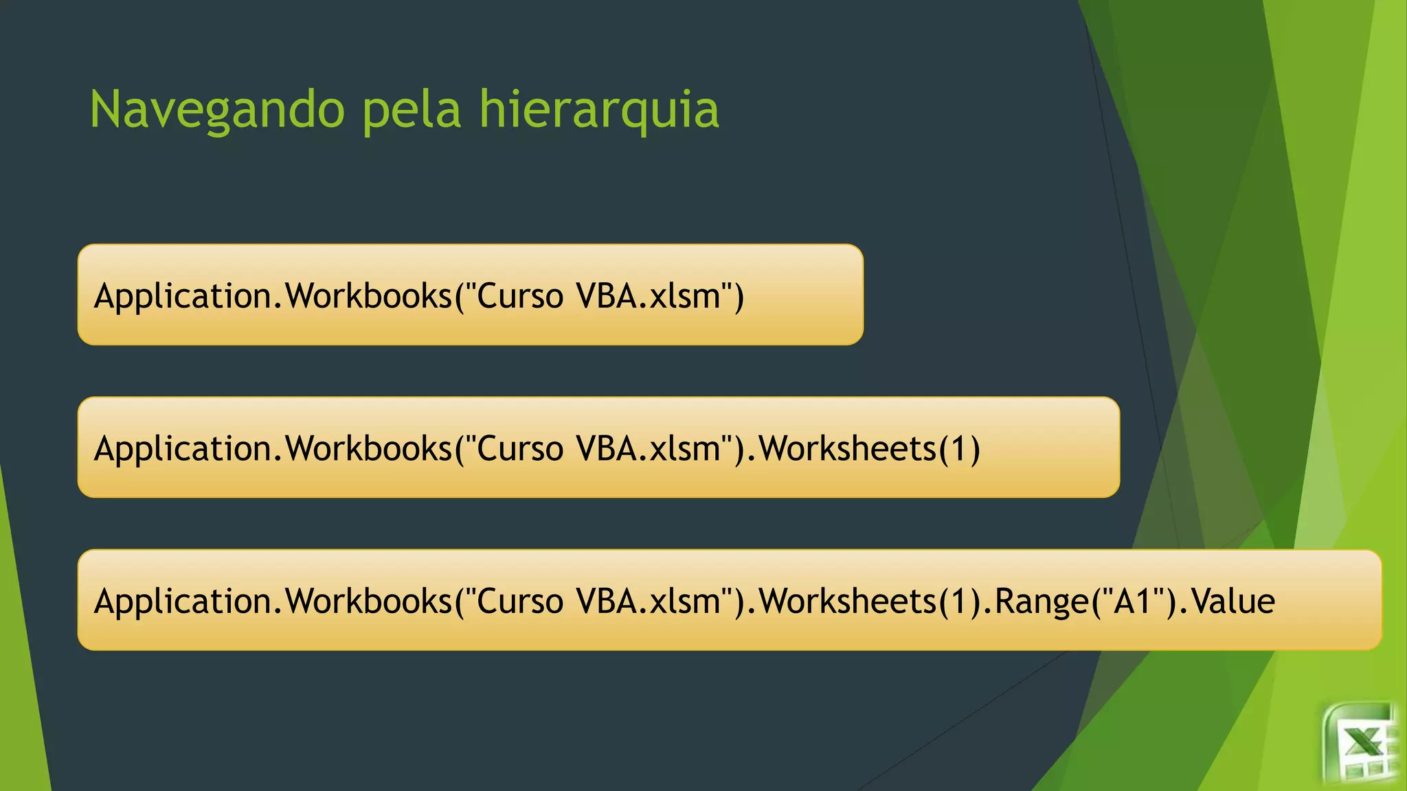 Navegando pela hierarquia
Application.Workbooks("Curso VBA.xlsm")
Application.Workbooks("Curso VBA.xlsm").Worksheets(1)
Application.Workbooks("Curso VBA.xlsm").Worksheets(1).Range("A1").Value
 