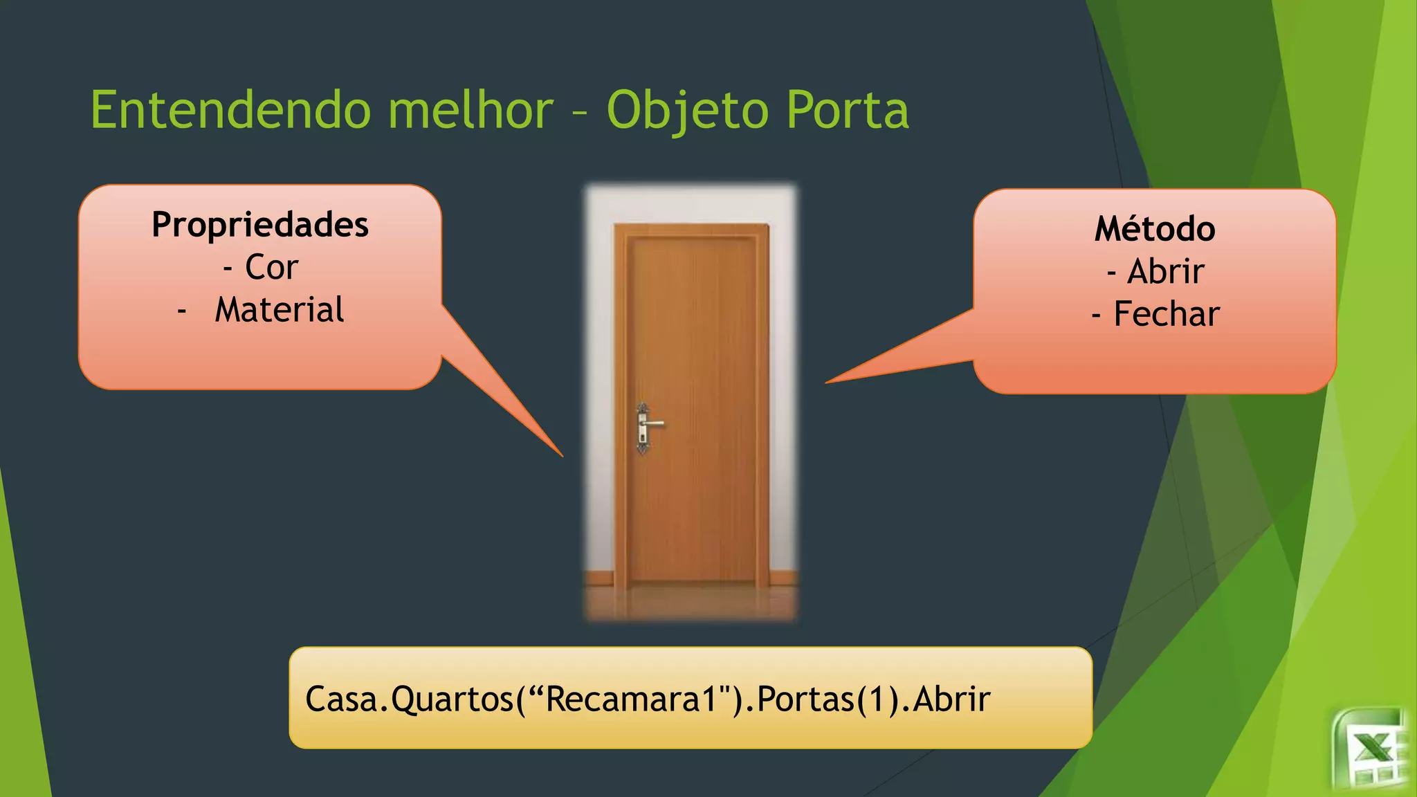 Entendendo melhor – Objeto Porta
Método
- Abrir
- Fechar
Propriedades
- Cor
- Material
Casa.Quartos(“Recamara1").Portas(1).Abrir
 