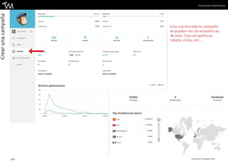 Formación Mailchimp 
Una vez enviada la campaña 
se pueden ver las estadísticas 
de esta. Tasa de apertura, 
rebote, clicks, etc... 
35 || www.toni-marques.com 
Crear una campaña 
 