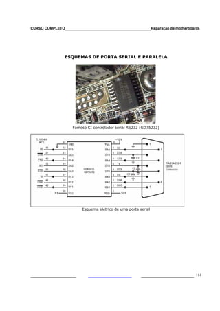 CURSO COMPLETO___________________________________________Reparação de motherboards




                ESQUEMAS DE PORTA SERIAL E PARALELA




                    Famoso CI controlador serial RS232 (GD75232)




                         Esquema elétrico de uma porta serial




___________________                                     ______________________ 114
 