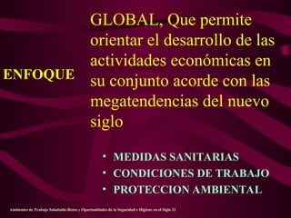 GLOBAL, Que permite
orientar el desarrollo de las
actividades económicas en
su conjunto acorde con las
megatendencias del nuevo
siglo
• MEDIDAS SANITARIAS
• CONDICIONES DE TRABAJO
• PROTECCION AMBIENTAL
ENFOQUE
Ambientes de Trabajo Saludable:Retos y Oportunidades de la Seguridad e Higiene en el Siglo 21
 
