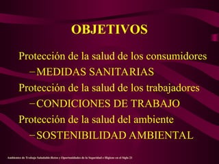 OBJETIVOS
Protección de la salud de los consumidores
–MEDIDAS SANITARIAS
Protección de la salud de los trabajadores
–CONDICIONES DE TRABAJO
Protección de la salud del ambiente
–SOSTENIBILIDAD AMBIENTAL
Ambientes de Trabajo Saludable:Retos y Oportunidades de la Seguridad e Higiene en el Siglo 21
 