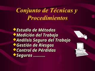 Conjunto de Técnicas y
Procedimientos
Estudio de Métodos
Estudio de Métodos
Medición del Trabajo
Medición del Trabajo
Análisis Seguro del Trabajo
Análisis Seguro del Trabajo
Gestión de Riesgos
Gestión de Riesgos
Control de Pérdidas
Control de Pérdidas
Seguros ..........
Seguros ..........
 