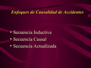 Enfoques de Causalidad de Accidentes
Enfoques de Causalidad de Accidentes
• Secuencia Inductiva
Secuencia Inductiva
• Secuencia Causal
Secuencia Causal
• Secuencia Actualizada
Secuencia Actualizada
 