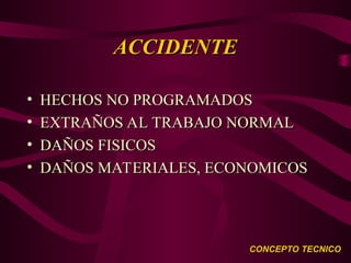 ACCIDENTE
ACCIDENTE
• HECHOS NO PROGRAMADOS
HECHOS NO PROGRAMADOS
• EXTRAÑOS AL TRABAJO NORMAL
EXTRAÑOS AL TRABAJO NORMAL
• DAÑOS FISICOS
DAÑOS FISICOS
• DAÑOS MATERIALES, ECONOMICOS
DAÑOS MATERIALES, ECONOMICOS
CONCEPTO TECNICO
CONCEPTO TECNICO
 