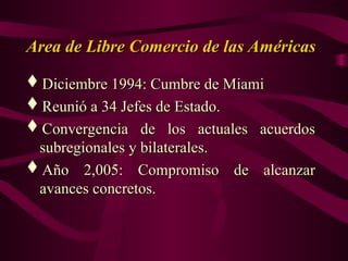 Diciembre 1994: Cumbre de Miami
Diciembre 1994: Cumbre de Miami
Reunió a 34 Jefes de Estado.
Reunió a 34 Jefes de Estado.
Convergencia de los actuales acuerdos
Convergencia de los actuales acuerdos
subregionales y bilaterales.
subregionales y bilaterales.
Año 2,005: Compromiso de alcanzar
Año 2,005: Compromiso de alcanzar
avances concretos.
avances concretos.
Area de Libre Comercio de las Américas
Area de Libre Comercio de las Américas
 