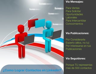 ¿Como Lograr Contactos en Linkedin?
Vía Mensajes:
Para Ventas
Para Solicitar
Oportunidades
Laborales
Para Intercambiar
Conocimientos
Vía Publicaciones:
Por Considerarte
Experto (ellos, no tu)
Por Interesarse en tus
Publicaciones
Vía Seguidores:
Porque TU representas
mas de 500 contactos
 