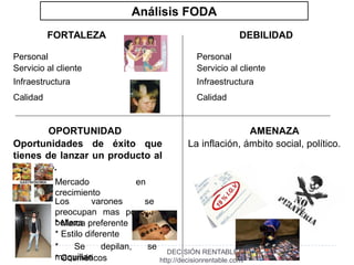 6
Análisis FODA
OPORTUNIDAD AMENAZA
FORTALEZA DEBILIDAD
Oportunidades de éxito que
tienes de lanzar un producto al
mercado.
Mercado en
crecimiento
Los varones se
preocupan mas por su
belleza* Marca preferente
* Estilo diferente
* Se depilan, se
maquillan* Cosméticos
La inflación, ámbito social, político.
Personal
Servicio al cliente
Infraestructura
Calidad
Personal
Servicio al cliente
Infraestructura
Calidad
DECISIÓN RENTABLE -
http://decisionrentable.com/
 