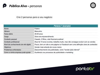 Público Alvo – personas
Crie	
  2	
  personas	
  para	
  o	
  seu	
  negócio:	
  
 