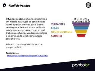 Funil de Vendas
hRp://www.funildomarke=ng.com.br/#/starter	
  
O	
  funil	
  de	
  vendas,	
  ou	
  funil	
  do	
  marke=ng,	
  é	
  
um	
  modelo	
  estratégico	
  de	
  consumo	
  que	
  
ilustra	
  o	
  percurso	
  teórico	
  que	
  o	
  cliente	
  
deve	
  seguir	
  até	
  efetuar	
  a	
  compra	
  de	
  um	
  
produto	
  ou	
  serviço.	
  Assim	
  como	
  no	
  funil	
  
tradicional,	
  o	
  funil	
  de	
  vendas	
  começa	
  largo	
  
e	
  vai	
  diminuindo	
  até	
  chegar	
  aos	
  reais	
  
consumidores.	
  
	
  
Adequar	
  o	
  seu	
  conteúdo	
  à	
  jornada	
  de	
  
compra	
  do	
  funil.	
  
	
  
Ferramentas:	
  
 