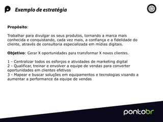 Exemplo de estratégia
Propósito:
Trabalhar para divulgar os seus produtos, tornando a marca mais
conhecida e conquistando, cada vez mais, a confiança e a fidelidade do
cliente, através de consultoria especializada em mídias digitais.
Objetivo: Gerar X oportunidades para transformar X novos clientes.
1 - Centralizar todos os esforços e atividades de marketing digital
2 - Qualificar, treinar e envolver a equipe de vendas para converter
oportunidades em clientes efetivos
3 - Mapear e buscar soluções em equipamentos e tecnologias visando a
aumentar a performance da equipe de vendas
 