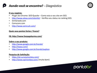Aonde você se encontra? – Diagnóstico
O	
  seu	
  negócio:	
  	
  
•  Plugin	
  do	
  Chrome:	
  SEO	
  Quacke	
  –	
  Como	
  esta	
  o	
  seu	
  site	
  em	
  SEO.	
  
•  hRp://www.alexa.com/siteinfo/	
  -­‐	
  Veriﬁca	
  seu	
  status	
  no	
  ranking	
  SEO.	
  
•  Similarweb.com	
  
•  Comscore.com	
  
•  hRp://www.semrush.com/	
  
Quais	
  seus	
  pontos	
  fortes	
  /	
  fracos?	
  
	
  
FB:	
  hap://www.fanpagekarma.com/	
  
	
  
Sobre	
  o	
  seu	
  produto:	
  
•  hRp://www.google.com.br/trends/	
  
•  hRp://topsy.com/	
  
•  hRp://www.google.com.br/trends/explore	
  
Pesquisa	
  de	
  Sa-sfação:	
  
•  hRps://pt.surveymonkey.com/	
  
•  hRp://www.opinionbox.com/	
  (muito	
  bom)	
  
	
  
	
  
 