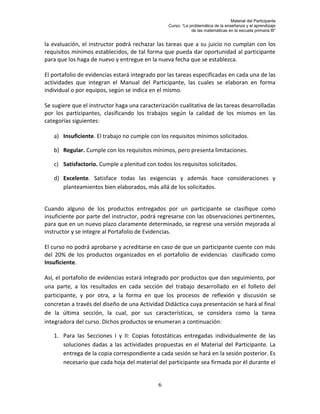 Material del Participante
                                                 Curso: “La problemática de la enseñanza y el aprendizaje
                                                             de las matemáticas en la escuela primaria III”


la evaluación, el instructor podrá rechazar las tareas que a su juicio no cumplan con los
requisitos mínimos establecidos, de tal forma que pueda dar oportunidad al participante
para que los haga de nuevo y entregue en la nueva fecha que se establezca.

El portafolio de evidencias estará integrado por las tareas especificadas en cada una de las
actividades que integran el Manual del Participante, las cuales se elaboran en forma
individual o por equipos, según se indica en el mismo.

Se sugiere que el instructor haga una caracterización cualitativa de las tareas desarrolladas
por los participantes, clasificando los trabajos según la calidad de los mismos en las
categorías siguientes:

   a) Insuficiente. El trabajo no cumple con los requisitos mínimos solicitados.

   b) Regular. Cumple con los requisitos mínimos, pero presenta limitaciones.

   c) Satisfactorio. Cumple a plenitud con todos los requisitos solicitados.

   d) Excelente. Satisface todas las exigencias y además hace consideraciones y
      planteamientos bien elaborados, más allá de los solicitados.


Cuando alguno de los productos entregados por un participante se clasifique como
insuficiente por parte del instructor, podrá regresarse con las observaciones pertinentes,
para que en un nuevo plazo claramente determinado, se regrese una versión mejorada al
instructor y se integre al Portafolio de Evidencias.

El curso no podrá aprobarse y acreditarse en caso de que un participante cuente con más
del 20% de los productos organizados en el portafolio de evidencias clasificado como
Insuficiente.

Así, el portafolio de evidencias estará integrado por productos que dan seguimiento, por
una parte, a los resultados en cada sección del trabajo desarrollado en el folleto del
participante, y por otra, a la forma en que los procesos de reflexión y discusión se
concretan a través del diseño de una Actividad Didáctica cuya presentación se hará al final
de la última sección, la cual, por sus características, se considera como la tarea
integradora del curso. Dichos productos se enumeran a continuación:

   1. Para las Secciones I y II: Copias fotostáticas entregadas individualmente de las
      soluciones dadas a las actividades propuestas en el Material del Participante. La
      entrega de la copia correspondiente a cada sesión se hará en la sesión posterior. Es
      necesario que cada hoja del material del participante sea firmada por él durante el


                                             6
 