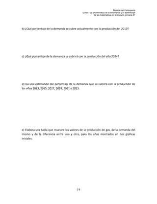 Material del Participante
                                               Curso: “La problemática de la enseñanza y el aprendizaje
                                                           de las matemáticas en la escuela primaria III”




b) ¿Qué porcentaje de la demanda se cubre actualmente con la producción del 2010?




c) ¿Qué porcentaje de la demanda se cubrirá con la producción del año 2024?




d) Da una estimación del porcentaje de la demanda que se cubrirá con la producción de
los años 2013, 2015, 2017, 2019, 2021 y 2023.




e) Elabora una tabla que muestre los valores de la producción de gas, de la demanda del
mismo y de la diferencia entre una y otra, para los años mostrados en dos gráficas
iniciales.




                                          19
 