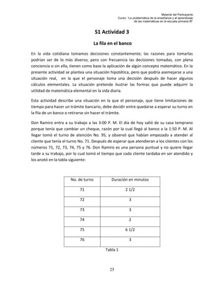Material del Participante
                                                  Curso: “La problemática de la enseñanza y el aprendizaje
                                                              de las matemáticas en la escuela primaria III”


                                     S1 Actividad 3
                                     La fila en el banco
En la vida cotidiana tomamos decisiones constantemente; las razones para tomarlas
podrían ser de lo más diverso, pero con frecuencia las decisiones tomadas, con plena
conciencia o sin ella, tienen como base la aplicación de algún concepto matemático. En la
presente actividad se plantea una situación hipotética, pero que podría asemejarse a una
situación real, en la que el personaje toma una decisión después de hacer algunos
cálculos elementales. La situación pretende ilustrar las formas que puede adquirir la
utilidad de matemática elemental en la vida diaria.

Esta actividad describe una situación en la que el personaje, que tiene limitaciones de
tiempo para hacer un trámite bancario, debe decidir entre quedarse a esperar su turno en
la fila de un banco o retirarse sin hacer el trámite.

Don Ramiro entra a su trabajo a las 3:00 P. M. El día de hoy salió de su casa temprano
porque tenía que cambiar un cheque, razón por la cual llegó al banco a la 1:50 P. M. Al
llegar tomó el turno de atención No. 95, y observó que habían empezado a atender al
cliente que tenía el turno No. 71. Después de esperar que atendieran a los clientes con los
números 71, 72, 73, 74, 75 y 76. Don Ramiro es una persona puntual y no quiere llegar
tarde a su trabajo, por lo cual tomó el tiempo que cada cliente tardaba en ser atendido y
los anotó en la tabla siguiente:



                      No. de turno           Duración en minutos

                           71                          2 1/2

                           72                             3

                           73                             3

                           74                             2

                           75                          6 1/2

                           76                             3

                                          Tabla 1



                                             25
 