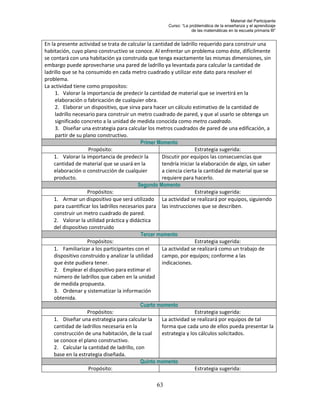 Material del Participante
                                                       Curso: “La problemática de la enseñanza y el aprendizaje
                                                                   de las matemáticas en la escuela primaria III”


En la presente actividad se trata de calcular la cantidad de ladrillo requerido para construir una
habitación, cuyo plano constructivo se conoce. Al enfrentar un problema como éste, difícilmente
se contará con una habitación ya construida que tenga exactamente las mismas dimensiones, sin
embargo puede aprovecharse una pared de ladrillo ya levantada para calcular la cantidad de
ladrillo que se ha consumido en cada metro cuadrado y utilizar este dato para resolver el
problema.
La actividad tiene como propositos:
     1. Valorar la importancia de predecir la cantidad de material que se invertirá en la
     elaboración o fabricación de cualquier obra.
     2. Elaborar un dispositivo, que sirva para hacer un cálculo estimativo de la cantidad de
     ladrillo necesario para construir un metro cuadrado de pared, y que al usarlo se obtenga un
     significado concreto a la unidad de medida conocida como metro cuadrado.
     3. Diseñar una estrategia para calcular los metros cuadrados de pared de una edificación, a
     partir de su plano constructivo.
                                            Primer Momento
                    Propósito:                                      Estrategia sugerida:
    1. Valorar la importancia de predecir la         Discutir por equipos las consecuencias que
    cantidad de material que se usará en la          tendría iniciar la elaboración de algo, sin saber
    elaboración o construcción de cualquier          a ciencia cierta la cantidad de material que se
    producto.                                        requiere para hacerlo.
                                          Segundo Momento
                    Propósitos:                                     Estrategia sugerida:
    1. Armar un dispositivo que será utilizado La actividad se realizará por equipos, siguiendo
    para cuantificar los ladrillos necesarios para las instrucciones que se describen.
    construir un metro cuadrado de pared.
    2. Valorar la utilidad práctica y didáctica
    del dispositivo construido
                                            Tercer momento
                    Propósitos:                                     Estrategia sugerida:
    1. Familiarizar a los participantes con el       La actividad se realizará como un trabajo de
    dispositivo construido y analizar la utilidad    campo, por equipos; conforme a las
    que éste pudiera tener.                          indicaciones.
    2. Emplear el dispositivo para estimar el
    número de ladrillos que caben en la unidad
    de medida propuesta.
    3. Ordenar y sistematizar la información
    obtenida.
                                           Cuarto momento
                    Propósitos:                                     Estrategia sugerida:
    1. Diseñar una estrategia para calcular la       La actividad se realizará por equipos de tal
    cantidad de ladrillos necesaria en la            forma que cada uno de ellos pueda presentar la
    construcción de una habitación, de la cual       estrategia y los cálculos solicitados.
    se conoce el plano constructivo.
    2. Calcular la cantidad de ladrillo, con
    base en la estrategia diseñada.
                                           Quinto momento
                    Propósito:                                      Estrategia sugerida:

                                                  63
 