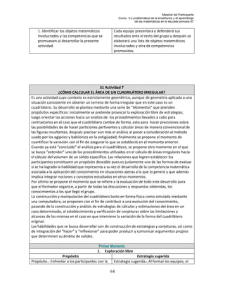 Material del Participante
                                                        Curso: “La problemática de la enseñanza y el aprendizaje
                                                                    de las matemáticas en la escuela primaria III”


    1. Identificar los objetos matemáticos          Cada equipo presentará y defenderá sus
    involucrados y las competencias que se          resultados ante el resto del grupo y después se
    promueven al desarrollar la presente            elaborará una lista de objetos matemáticos
    actividad.                                      involucrados y otra de competencias
                                                    promovidas.




                                            S1 Actividad 7
                  ¿CÓMO CALCULAR EL ÁREA DE UN CUADRILÁTERO IRREGULAR?
Es una actividad cuyo contexto es estrictamente geométrico, aunque de geometría aplicada a una
situación consistente en obtener un terreno de forma irregular que en este caso es un
cuadrilátero. Su desarrollo se plantea mediante una serie de “Momentos” que atienden
propósitos específicos: inicialmente se pretende provocar la exploración libre de estrategias;
luego orientar las acciones hacia un análisis de los procedimientos llevados a cabo para
contrastarlos en el caso que el cuadrilátero cambie de forma, esto para hacer precisiones sobre
las posibilidades de de hacer particiones pertinentes y calcular áreas de manera convencional de
las figuras resultantes; después precisar aún más el análisis al poner a consideración el método
usado por los egipcios y babilonios en la antigüedad; finalmente se propone el momento de
cuantificar la variación con el fin de asegurar lo que se estableció en el momento anterior.
Cuando ya está “concluido” el análisis para el cuadrilátero, se propone otro momento en el que
se busca “extender” uno de los procedimientos utilizados en el cálculo de áreas irregulares hacia
el cálculo del volumen de un sólido específico. Las relaciones que logren establecer los
participantes constituyen un propósito deseable pues es justamente una de las formas de evaluar
si se ha logrado la habilidad que representa a su vez el desarrollo de la competencia matemática
asociada a la aplicación del conocimiento en situaciones ajenas a la que lo generó y que además
implica integrar nociones y conceptos estudiados en otros momentos.
Por último se propone el momento que se refiere a la evaluación de todo este desarrollo para
que el formador organice, a partir de todas las discusiones y respuestas obtenidas, los
conocimientos a los que llegó el grupo.
La construcción y manipulación del cuadrilátero tanto en forma física como simulada mediante
una computadora, se proponen con el fin de contribuir a una evolución del conocimiento,
pasando de la construcción y análisis de estrategias de cálculos y estimaciones del área en un
caso determinado, al establecimiento y verificación de conjeturas sobre las limitaciones y
alcances de las mismas en el caso en que interviene la variación de la forma del cuadrilátero
original.
Las habilidades que se busca desarrollar son de construcción de estrategias y conjeturas, así como
de integración del “hacer” y “reflexionar” para poder producir y comunicar argumentos propios
que determinen su ámbito de validez.

                                          Primer Momento
                                         1. Exploración libre
                   Propósito                                      Estrategia sugerida
Propósito.- Enfrentar a los participantes con la    Estrategia sugerida.- Al formar los equipos, el

                                                   64
 