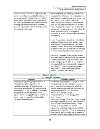 Material del Participante
                                                      Curso: “La problemática de la enseñanza y el aprendizaje
                                                                  de las matemáticas en la escuela primaria III”


situación inicial en la que se espera vean de     instructor promoverá el trabajo individual, el
manera inmediata la necesidad de recurrir a       trabajo dentro del equipo y la participación en
sus conocimientos y nociones previas sobre        las discusiones grupales según se le indica a los
áreas, trazos, fórmulas, uso de instrumentos,     participantes en su hoja de trabajo. Se
etc. Explorar libremente y proponer distintas     asegurará que todos los participantes tengan
estrategias para obtener el área solicitada.      claro que sus propuestas de solución pueden
Exponer, argumentar y tomar acuerdos sobre        incluir el uso de los recursos que libremente
los resultados obtenidos.                         seleccionen y tengan a la mano (si el folleto de
                                                  los participantes no trae incorporada la
                                                  cuadrícula, el instructor proporcionará una por
                                                  participante).

                                                  En sus intervenciones durante la evolución de
                                                  toda la actividad, el instructor evitará hacer
                                                  señalamientos inmediatos sobre los posibles
                                                  errores y aciertos, en su lugar promoverá que
                                                  los participantes sean quienes emitan este tipo
                                                  de juicios mediante argumentaciones claras.

                                                  Durante la exposición de los equipos ante el
                                                  grupo se sugiere que el instructor invite a todos
                                                  a participar mediante preguntas como: ¿Qué
                                                  les parece? ¿Les queda claro lo que propone
                                                  este equipo? ¿Encuentran que todos los pasos
                                                  son válidos? ¿Es una respuesta acertada o
                                                  aceptable? ¿Es igual o diferente a la que
                                                  ustedes calcularon o estimaron?

                                       Segundo Momento
                                      2. Construir y analizar
                    Propósito                                     Estrategia sugerida
Establecer conjeturas y juicios acerca de la      El instructor proporcionará un juego de cinco
relación entre la forma y el área del             tiritas acoplables y tachuelas para promover
cuadrilátero de lados de longitud dada:           que se sigan las instrucciones de la hoja de
Determinar la posibilidad de contar con una       trabajo. Igualmente guiará la organización del
fórmula para calcular el área del cuadrilátero    trabajo según se indica en cada inciso:
que dependa únicamente de sus lados;              individual, en equipo o grupal.
argumentar sobre la posibilidad de calcular en    Particularmente se hacen las siguientes
forma exacta el área del cuadrilátero bajo        observaciones:
ciertas condiciones dadas.                        Primero, en el inciso “a”, se hace una pregunta
                                                  que asegure a todos la validez de trabajar con
                                                  las tiritas marcadas en centímetros y no en
                                                  metros; es de esperarse que utilicen
                                                  argumentos basados en la proporcionalidad.
                                                  Mediante los incisos “b” y “c” de la actividad se
                                                  espera lograr que se perciba que el área no es
                                                  la misma cuando, mediante la manipulación del


                                                 65
 