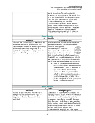 Material del Participante
                                                     Curso: “La problemática de la enseñanza y el aprendizaje
                                                                 de las matemáticas en la escuela primaria III”


                                                  que al concluir con las acciones que se
                                                  proponen, se comenten ante el grupo. O bien,
                                                  si no hay disponibilidad de computadoras para
                                                  cada uno o dos participantes, el instructor
                                                  proyectará ante el grupo el archivo
                                                  correspondiente y tomará la dirección del
                                                  grupo para que de manera general se vayan
                                                  explorando los cambios de forma y mediadas
                                                  de áreas, contestando y comentando las
                                                  respuestas a las preguntas que se formulan.

                                          Cuarto Momento
                                            4. Extensión
                    Propósito                                     Estrategia sugerida
Se busca que los participantes “extiendan” el     Será conveniente asegurarse que el lenguaje
significado del cálculo de promedios que          geométrico utilizado sea comprendido por
utilizaron para obtener de manera aproximada      todos los participantes.
el área de cuadriláteros irregulares en la        Posiblemente sea necesario
actividad anterior, ahora para aproximar el       hacerles recordar las definiciones
volumen del sólido que se presenta.               de prisma y de cilindro, además
                                                  de la forma intuitiva de calcular su volumen.
                                                   Es posible que en algún equipo usted detecte
                                                  que no encuentran cómo iniciar. En este caso
                                                  puede servir que usted haga preguntas como:
                                                        ¿Qué es lo que impide que podamos
                                                           usar la fórmula conocida de Volumen =
                                                           Área de la Base x Altura? (Asegurar lo
                                                           que se discutió en el inciso “a” )
                                                        ¿Cómo resultaría la aproximación si se
                                                           calcula el volumen suponiendo que es
                                                           un cilindro cuya base es la del mayor
                                                           círculo transversal? ¿Y si se toma como
                                                           base el círculo más pequeño?


                                          Quinto Momento
                                              5. Cierre
                   Propósito                                     Estrategia sugerida
Valorar los conocimientos habilidades y           La dinámica en un primer momento será por
competencias que intervinieron y que se           equipo y después grupal. Posteriormente a que
adquirieron durante el desarrollo de la           se hayan respondido los cuestionamientos
actividad.                                        propuestos, el conductor tomará la dirección
                                                  de la discusión y basándose en las respuestas
                                                  de los equipos, guiará hacia la identificación de
                                                  los contenidos matemáticos puestos en juego,
                                                  esto es, las nociones, los conceptos,
                                                  procedimientos, lenguajes, etc., que hayan

                                                67
 