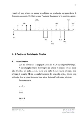 13




negativos) com origem na escala cronológica, na graduação correspondente à
época de ocorrência. Um Diagrama de Fluxos de Caixa pode ter o seguinte aspecto:

                                            200                                              200

                          100                                         100                              100


   0        1         2         3   4   5         6   7     8   9     10    11       12         13        14




  50
                                                          100               100
                                                                                     150
                                                                200




4. O Regime de Capitalização Simples


4.1      Juros Simples

                Juro é o prêmio que se paga pela utilização de um capital por certo tempo.
                A capitalização simples é um regime de cálculo de juros (j) em que estes
são definidos, em cada período, como uma parte de um mesmo principal. Este
principal é o capital (C) da operação financeira. Os juros são, então, obtidos pela
aplicação de uma percentagem ou taxa, a taxa de juros (i) sobre este principal.
                Como sabemos,


                p=P.i


                Logo,


                j=C.i




Rua Luiz Leduc, 210 s. 03                                                            Fone /fax: 41 – 339 – 6270
82100 – 010     Curitiba – PR                                                        E-mail: jcandido@fesppr.br
                                                                                  http://www.fesppr.br/~candido
 