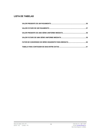 LISTA DE TABELAS


                VALOR PRESENTE DE UM PAGAMENTO .................................................................................56


                VALOR FUTURO DE UM PAGAMENTO .....................................................................................57


                VALOR PRESENTE DE UMA SÉRIE UNIFORME IMEDIATA......................................................58


                VALOR FUTURO DE UMA SÉRIE UNIFORME IMEDIATA..........................................................59


                FATOR DE CONVERSÃO DE SÉRIE GRADIENTE PARA IMEDIATA .........................................60


                TABELA PARA CONTAGEM DE DIAS ENTRE DATAS ..............................................................61




Rua Luiz Leduc, 210 s. 03                                        iii                                      Fone /fax: 41 – 339 – 6270
82100 – 010     Curitiba – PR                                                                             E-mail: jcandido@fesppr.br
                                                                                                       http://www.fesppr.br/~candido
 