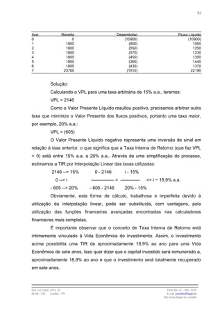 51




Ano                      Receita                    Desembolso                            Fluxo Líquido
0                              0                        (10900)                                (10900)
1                          1800                           (800)                                   1000
2                          1800                           (550)                                   1250
3                          1800                           (570)                                   1230
4                          1800                           (450)                                   1350
5                          1800                           (360)                                   1440
6                          1800                           (430)                                   1370
7                         23700                          (1510)                                  22190


                Solução:
                Calculando o VPL para uma taxa arbitrária de 15% a.a., teremos:
                VPL = 2146
                Como o Valor Presente Líquido resultou positivo, precisamos arbitrar outra
taxa que minimize o Valor Presente dos fluxos positivos, portanto uma taxa maior,
por exemplo, 20% a.a.:
                VPL = (605)
                O Valor Presente Líquido negativo representa uma inversão de sinal em
relação à taxa anterior, o que significa que a Taxa Interna de Retorno (que faz VPL
= 0) está entre 15% a.a. e 20% a.a.. Através de uma simplificação do processo,
estimamos a TIR por Interpolação Linear das taxas utilizadas:
                 2146 --> 15%         0 - 2146           i - 15%
                    0 --> i         --------------- = -------------   => i ~ 18,9% a.a.
                - 605 --> 20%      - 605 - 2146          20% - 15%
                Obviamente, esta forma de cálculo, trabalhosa e imperfeita devido à
utilização da interpolação linear, pode ser substituída, com vantagens, pela
utilização das funções financeiras avançadas encontradas nas calculadoras
financeiras mais completas.
                É importante observar que o conceito de Taxa Interna de Retorno está
intimamente vinculado à Vida Econômica do investimento. Assim, o investimento
acima possibilita uma TIR de aproximadamente 18,9% ao ano para uma Vida
Econômica de sete anos. Isso quer dizer que o capital investido será remunerado a,
aproximadamente 18,9% ao ano e que o investimento será totalmente recuperado
em sete anos.



Rua Luiz Leduc, 210 s. 03                                                        Fone /fax: 41 – 339 – 6270
82100 – 010     Curitiba – PR                                                    E-mail: jcandido@fesppr.br
                                                                              http://www.fesppr.br/~candido
 