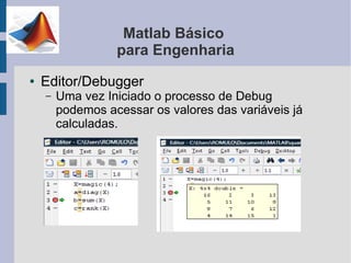 Matlab Básico
                  para Engenharia
●   Editor/Debugger
    –   Uma vez Iniciado o processo de Debug
        podemos acessar os valores das variáveis já
        calculadas.
 