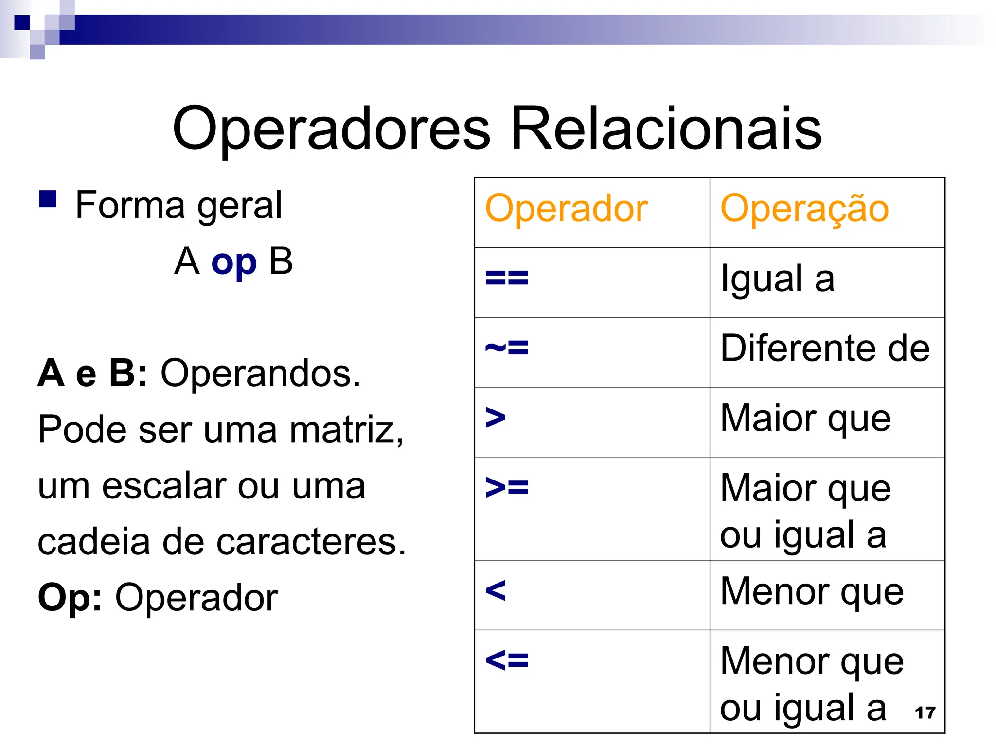 17
Operadores Relacionais
 Forma geral
A op B
A e B: Operandos.
Pode ser uma matriz,
um escalar ou uma
cadeia de caracteres.
Op: Operador
Operador Operação
== Igual a
~= Diferente de
> Maior que
>= Maior que
ou igual a
< Menor que
<= Menor que
ou igual a
 