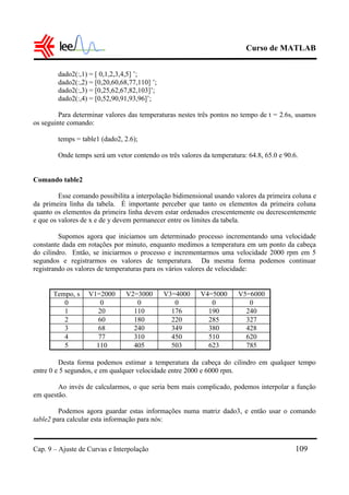 Curso de MATLAB
Cap. 9 – Ajuste de Curvas e Interpolação 109
dado2(:,1) = [ 0,1,2,3,4,5] ’;
dado2(:,2) = [0,20,60,68,77,110] ’;
dado2(:,3) = [0,25,62,67,82,103]’;
dado2(:,4) = [0,52,90,91,93,96]’;
Para determinar valores das temperaturas nestes três pontos no tempo de t = 2.6s, usamos
os seguinte comando:
temps = table1 (dado2, 2.6);
Onde temps será um vetor contendo os três valores da temperatura: 64.8, 65.0 e 90.6.
Comando table2
Esse comando possibilita a interpolação bidimensional usando valores da primeira coluna e
da primeira linha da tabela. É importante perceber que tanto os elementos da primeira coluna
quanto os elementos da primeira linha devem estar ordenados crescentemente ou decrescentemente
e que os valores de x e de y devem permanecer entre os limites da tabela.
Supomos agora que iniciamos um determinado processo incrementando uma velocidade
constante dada em rotações por minuto, enquanto medimos a temperatura em um ponto da cabeça
do cilindro. Então, se iniciarmos o processo e incrementarmos uma velocidade 2000 rpm em 5
segundos e registrarmos os valores de temperatura. Da mesma forma podemos continuar
registrando os valores de temperaturas para os vários valores de velocidade:
Tempo, s V1=2000 V2=3000 V3=4000 V4=5000 V5=6000
0 0 0 0 0 0
1 20 110 176 190 240
2 60 180 220 285 327
3 68 240 349 380 428
4 77 310 450 510 620
5 110 405 503 623 785
Desta forma podemos estimar a temperatura da cabeça do cilindro em qualquer tempo
entre 0 e 5 segundos, e em qualquer velocidade entre 2000 e 6000 rpm.
Ao invés de calcularmos, o que seria bem mais complicado, podemos interpolar a função
em questão.
Podemos agora guardar estas informações numa matriz dado3, e então usar o comando
table2 para calcular esta informação para nós:
 