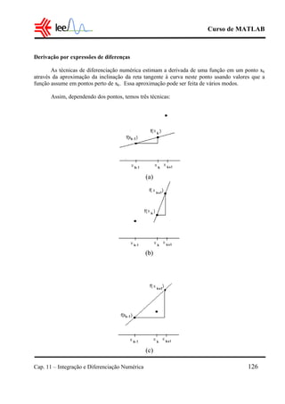 Curso de MATLAB
Cap. 11 – Integração e Diferenciação Numérica 126
Derivação por expressões de diferenças
As técnicas de diferenciação numérica estimam a derivada de uma função em um ponto xk
através da aproximação da inclinação da reta tangente à curva neste ponto usando valores que a
função assume em pontos perto de xk. Essa aproximação pode ser feita de vários modos.
Assim, dependendo dos pontos, temos três técnicas:
(a)
(b)
(c)
 