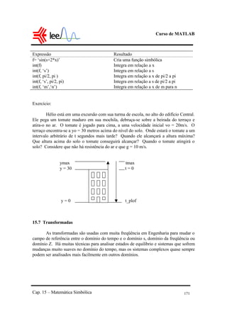 Curso de MATLAB
Cap. 15 – Matemática Simbólica 171
Expressão Resultado
f= ‘sin(s+2*x)’ Cria uma função simbólica
int(f) Integra em relação a x
int(f, ‘s’) Integra em relação a s
int(f, pi/2, pi ) Integra em relação a x de pi/2 a pi
int(f, ‘s’, pi/2, pi) Integra em relação a s de pi/2 a pi
int(f, ‘m’,‘n’) Integra em relação a x de m para n
Exercício:
Hélio está em uma excursão com sua turma de escola, no alto do edifício Central.
Ele pega um tomate maduro em sua mochila, debruça-se sobre a beirada do terraço e
atira-o no ar. O tomate é jogado para cima, a uma velocidade inicial vo = 20m/s. O
terraço encontra-se a yo = 30 metros acima do nível do solo. Onde estará o tomate a um
intervalo arbitrário de t segundos mais tarde? Quando ele alcançará a altura máxima?
Que altura acima do solo o tomate conseguirá alcançar? Quando o tomate atingirá o
solo? Considere que não há resistência do ar e que g = 10 m/s.
ymax tmax
y = 30 t = 0
y = 0 t_plof
15.7 Transformadas
As transformadas são usadas com muita freqüência em Engenharia para mudar o
campo de referência entre o domínio do tempo e o domínio s, domínio da freqüência ou
domínio Z. Há muitas técnicas para analisar estados de equilíbrio e sistemas que sofrem
mudanças muito suaves no domínio do tempo, mas os sistemas complexos quase sempre
podem ser analisados mais facilmente em outros domínios.
 