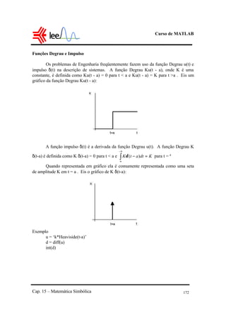 Curso de MATLAB
Cap. 15 – Matemática Simbólica 172
Funções Degrau e Impulso
Os problemas de Engenharia freqüentemente fazem uso da função Degrau u(t) e
impulso δ(t) na descrição de sistemas. A função Degrau Ku(t - a), onde K é uma
constante, é definida como Ku(t - a) = 0 para t < a e Ku(t - a) = K para t >a . Eis um
gráfico da função Degrau Ku(t - a):
A função impulso δ(t) é a derivada da função Degrau u(t). A função Degrau K
δ(t-a) é definida como K δ(t-a) = 0 para t < a e ∫
−∞
∞
=− KdtatK )(δ para t = ª
Quando representada em gráfico ela é comumente representada como uma seta
de amplitude K em t = a . Eis o gráfico de K δ(t-a):
Exemplo
u = ‘k*Heaviside(t-a)’
d = diff(u)
int(d)
 