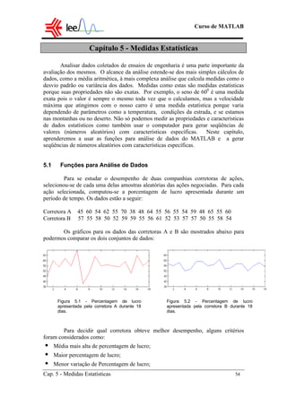 Curso de MATLAB
Cap. 5 - Medidas Estatísticas 54
Capítulo 5 - Medidas Estatísticas
Analisar dados coletados de ensaios de engenharia é uma parte importante da
avaliação dos mesmos. O alcance da análise estende-se dos mais simples cálculos de
dados, como a média aritmética, à mais complexa análise que calcula medidas como o
desvio padrão ou variância dos dados. Medidas como estas são medidas estatísticas
porque suas propriedades não são exatas. Por exemplo, o seno de 600
é uma medida
exata pois o valor é sempre o mesmo toda vez que o calculamos, mas a velocidade
máxima que atingimos com o nosso carro é uma medida estatística porque varia
dependendo de parâmetros como a temperatura, condições da estrada, e se estamos
nas montanhas ou no deserto. Não só podemos medir as propriedades e características
de dados estatísticos como também usar o computador para gerar seqüências de
valores (números aleatórios) com características específicas. Neste capítulo,
aprenderemos a usar as funções para análise de dados do MATLAB e a gerar
seqüências de números aleatórios com características específicas.
5.1 Funções para Análise de Dados
Para se estudar o desempenho de duas companhias corretoras de ações,
selecionou-se de cada uma delas amostras aleatórias das ações negociadas. Para cada
ação selecionada, computou-se a porcentagem de lucro apresentada durante um
período de tempo. Os dados estão a seguir:
Corretora A 45 60 54 62 55 70 38 48 64 55 56 55 54 59 48 65 55 60
Corretora B 57 55 58 50 52 59 59 55 56 61 52 53 57 57 50 55 58 54
Os gráficos para os dados das corretoras A e B são mostrados abaixo para
podermos comparar os dois conjuntos de dados:
Para decidir qual corretora obteve melhor desempenho, alguns critérios
foram considerados como:
• Média mais alta de percentagem de lucro;
• Maior percentagem de lucro;
• Menor variação de Percentagem de lucro;
Figura 5.2 - Percentagem de lucro
apresentada pela corretora B durante 18
dias.
Figura 5.1 - Percentagem de lucro
apresentada pela corretora A durante 18
dias.
 