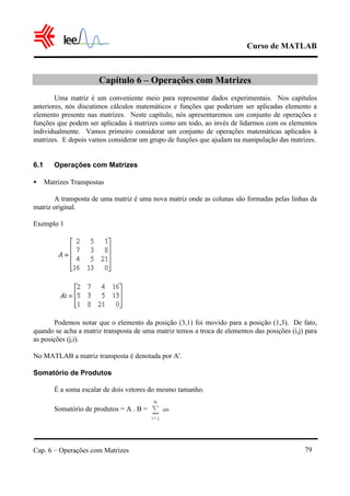 Curso de MATLAB
Cap. 6 – Operações com Matrizes 79
Capítulo 6 – Operações com Matrizes
Uma matriz é um conveniente meio para representar dados experimentais. Nos capítulos
anteriores, nós discutimos cálculos matemáticos e funções que poderiam ser aplicadas elemento a
elemento presente nas matrizes. Neste capítulo, nós apresentaremos um conjunto de operações e
funções que podem ser aplicadas à matrizes como um todo, ao invés de lidarmos com os elementos
individualmente. Vamos primeiro considerar um conjunto de operações matemáticas aplicados à
matrizes. E depois vamos considerar um grupo de funções que ajudam na manipulação das matrizes.
6.1 Operações com Matrizes
• Matrizes Transpostas
A transposta de uma matriz é uma nova matriz onde as colunas são formadas pelas linhas da
matriz original.
Exemplo 1
Podemos notar que o elemento da posição (3,1) foi movido para a posição (1,3). De fato,
quando se acha a matriz transposta de uma matriz temos a troca de elementos das posições (i,j) para
as posições (j,i).
No MATLAB a matriz transposta é denotada por A'.
Somatório de Produtos
É a soma escalar de dois vetores do mesmo tamanho.
Somatório de produtos = A . B =
= j
N
i
aibi
 