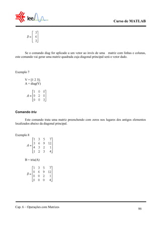 Curso de MATLAB
Cap. 6 – Operações com Matrizes
86
Se o comando diag for aplicado a um vetor ao invés de uma matriz com linhas e colunas,
este comando vai gerar uma matriz quadrada cuja diagonal principal será o vetor dado.
Exemplo 7
V = [1 2 3];
A = diag(V)
Comando triu
Este comando trata uma matriz preenchendo com zeros nos lugares dos antigos elementos
localizados abaixo da diagonal principal.
Exemplo 8
B = triu(A)
 