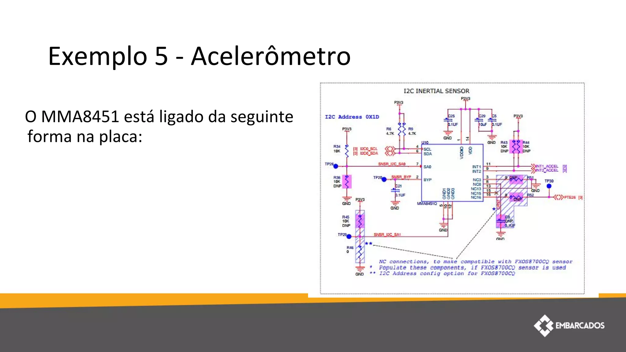 Exemplo 5 - Acelerômetro
O MMA8451 está ligado da seguinte
forma na placa:
 