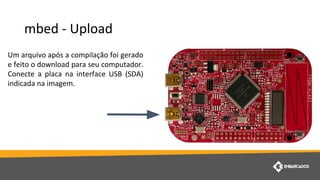 mbed - Upload
Um arquivo após a compilação foi gerado
e feito o download para seu computador.
Conecte a placa na interface USB (SDA)
indicada na imagem.
 